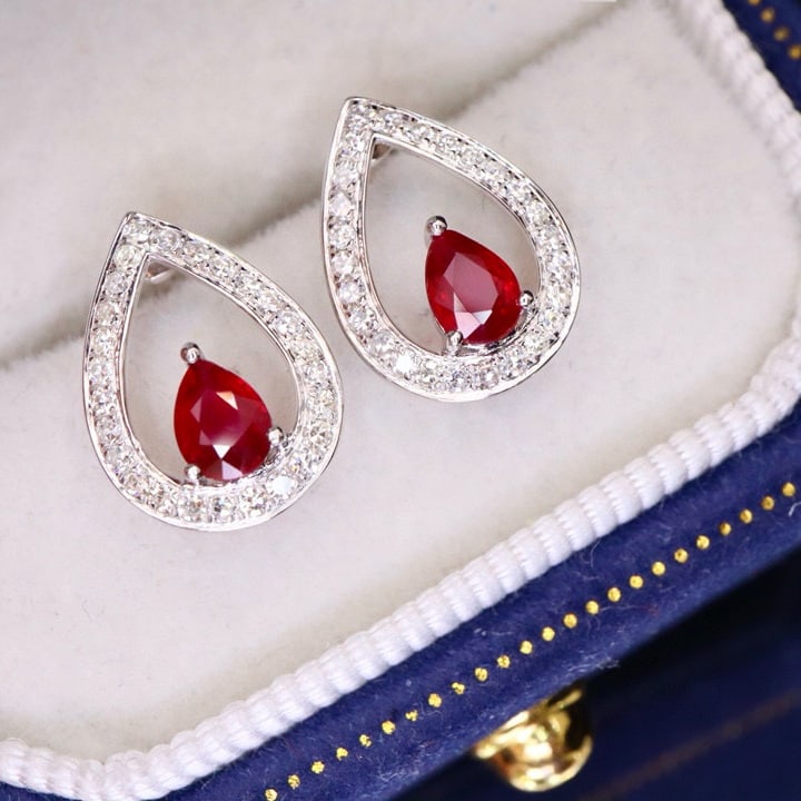 14k Gold 0.78 Ctw Vivid Red Natural Ruby & Diamond Earrings - 4