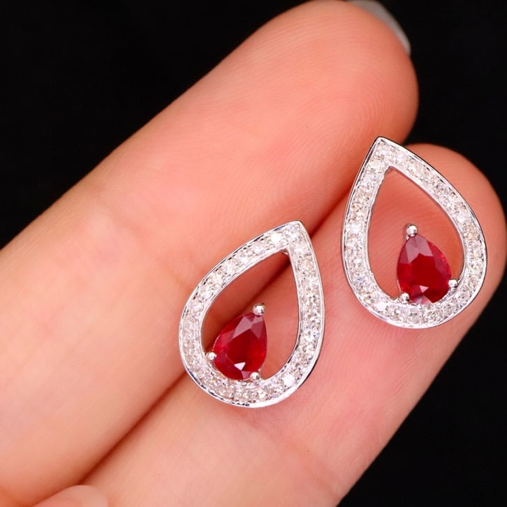 14k Gold 0.78 Ctw Vivid Red Natural Ruby & Diamond Earrings - 5