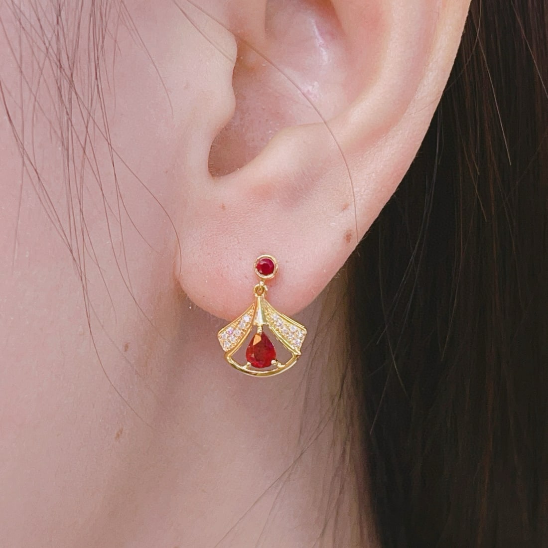 14k Gold 0.52 Ct Natural Ruby & Diamond Earrings - 4