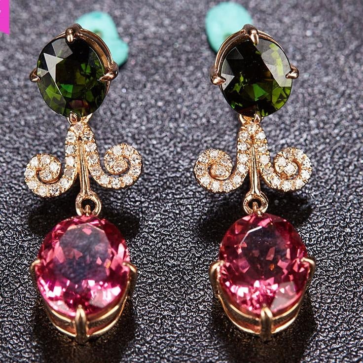 14k Gold 7.1 Ct Natural Tourmaline & Diamond Earrings: Ref:231032002 // gold content:14k gold // main gemstone:tourmaline // shape:oval // carat weight:7. 1ct // color:color // treatment:natural // // adjacent gemstone 2 : diamond // shape:round // clarit