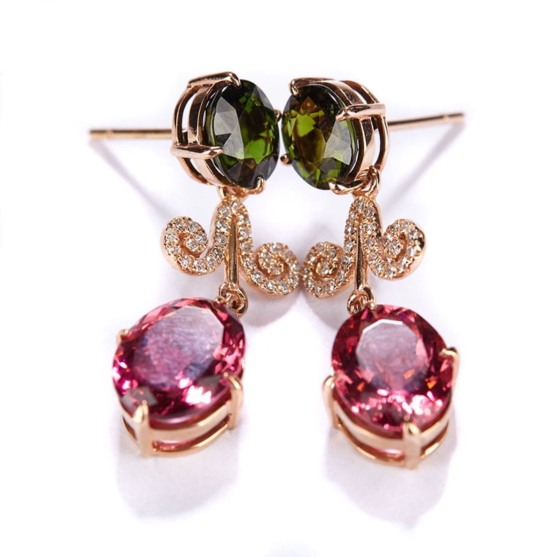 14k Gold 7.1 Ct Natural Tourmaline & Diamond Earrings - 2