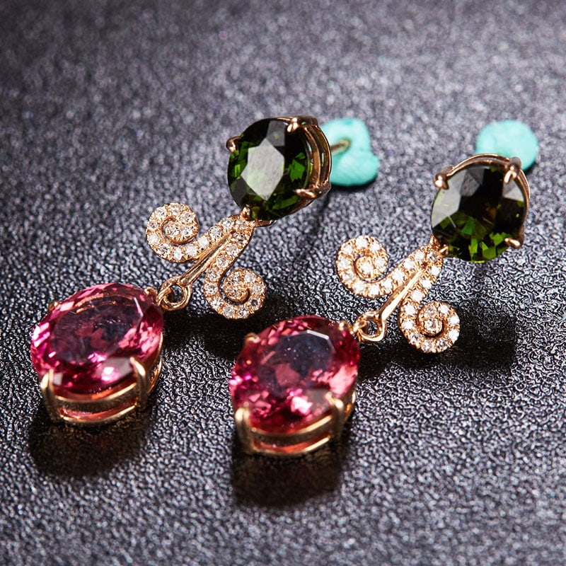 14k Gold 7.1 Ct Natural Tourmaline & Diamond Earrings - 4