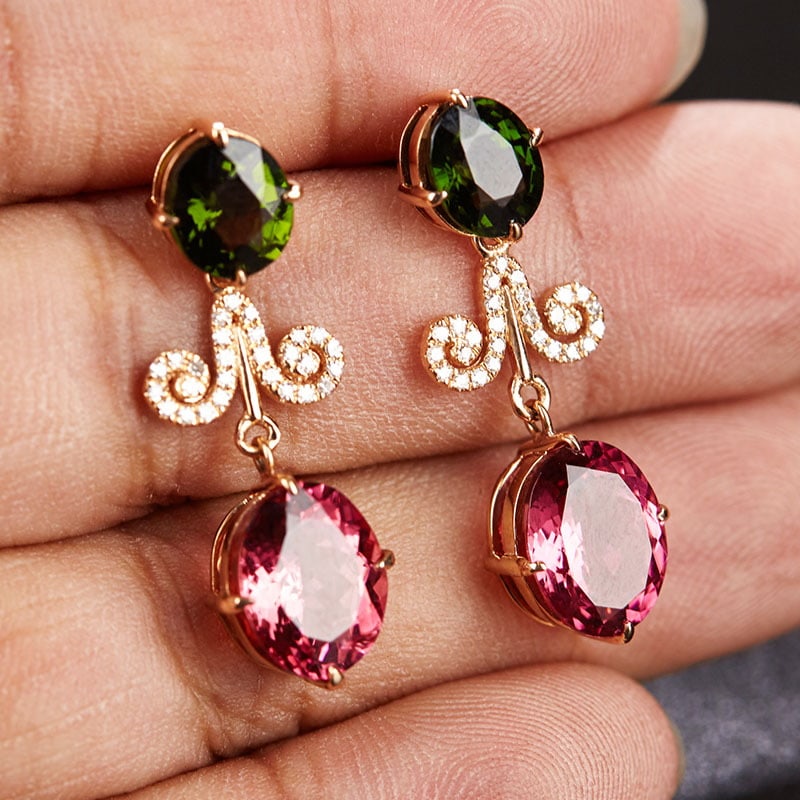 14k Gold 7.1 Ct Natural Tourmaline & Diamond Earrings - 5