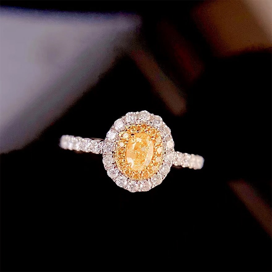 14k Gold 0.65 Ctw Natural Yellow Diamond & Diamond Ring: Ref:231032017 // gold content:14k gold // ring size:7. 25us // // main gemstone:yellow diamond // shape:oval // carat weight:0. 21ct // color:yellow // treatment:natural // // adjacent gemstone 2 :