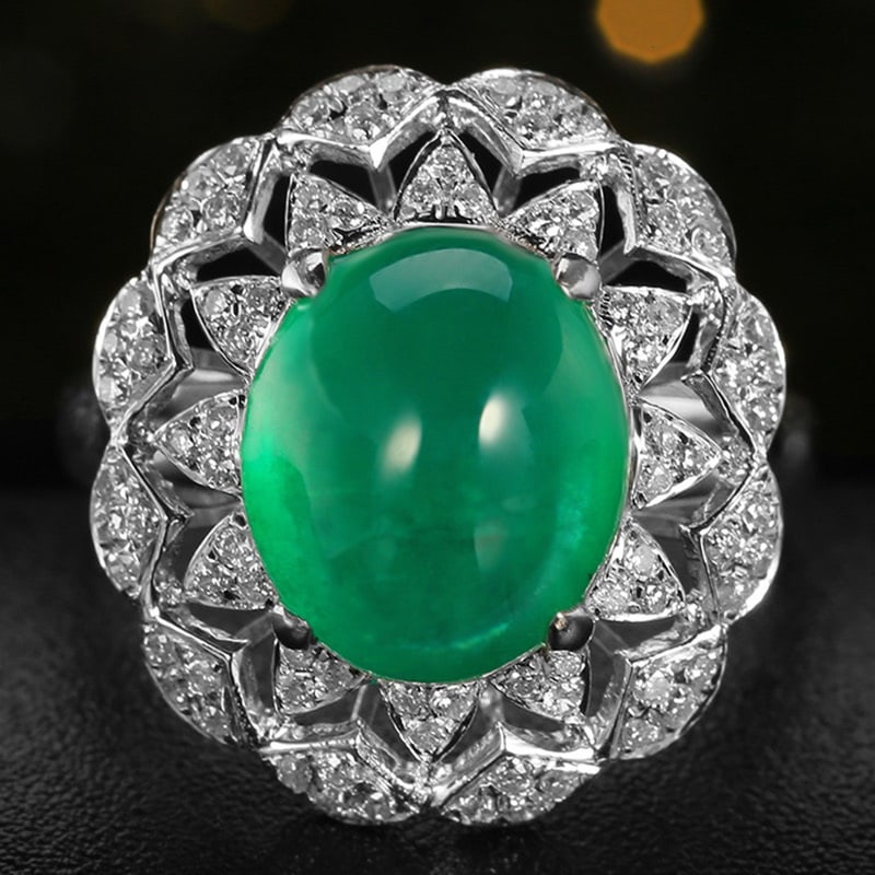 14k Gold 5.30 Ctw Natural Emerald & Diamond Ring: Ref:231032023 // gold content:14k gold // ring size:7. 25us // // main gemstone:emerald // shape:oval // carat weight:4. 88ct // color:green // treatment:natural // // adjacent gemstone 2 : diamond