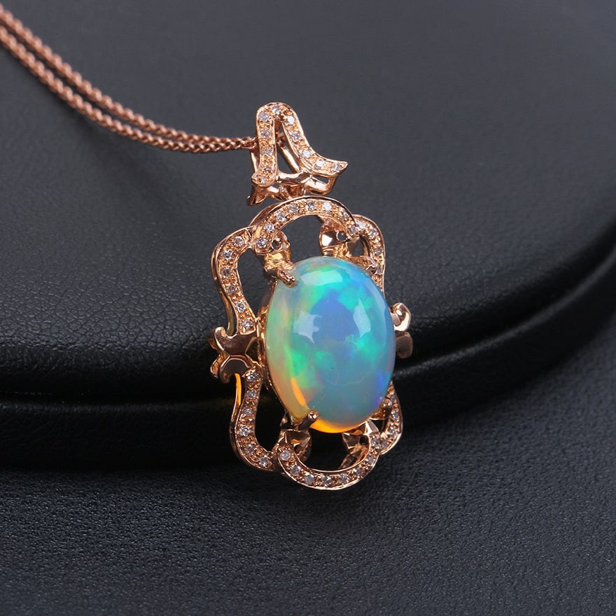 14k Gold 4.17 Ctw Natural Opal & Diamond Pendant( Without Chain ) - 2