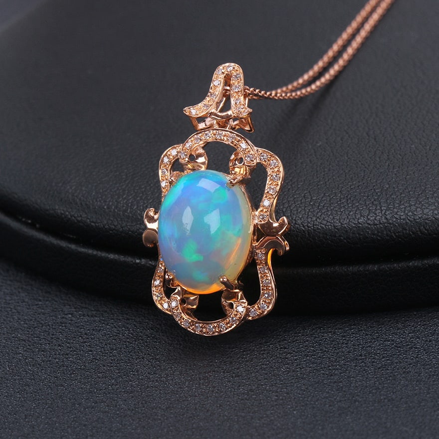 14k Gold 4.17 Ctw Natural Opal & Diamond Pendant( Without Chain ) - 3