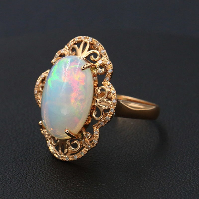 14k Gold 4.28 Ctw Natural Opal & Diamond Ring - 2