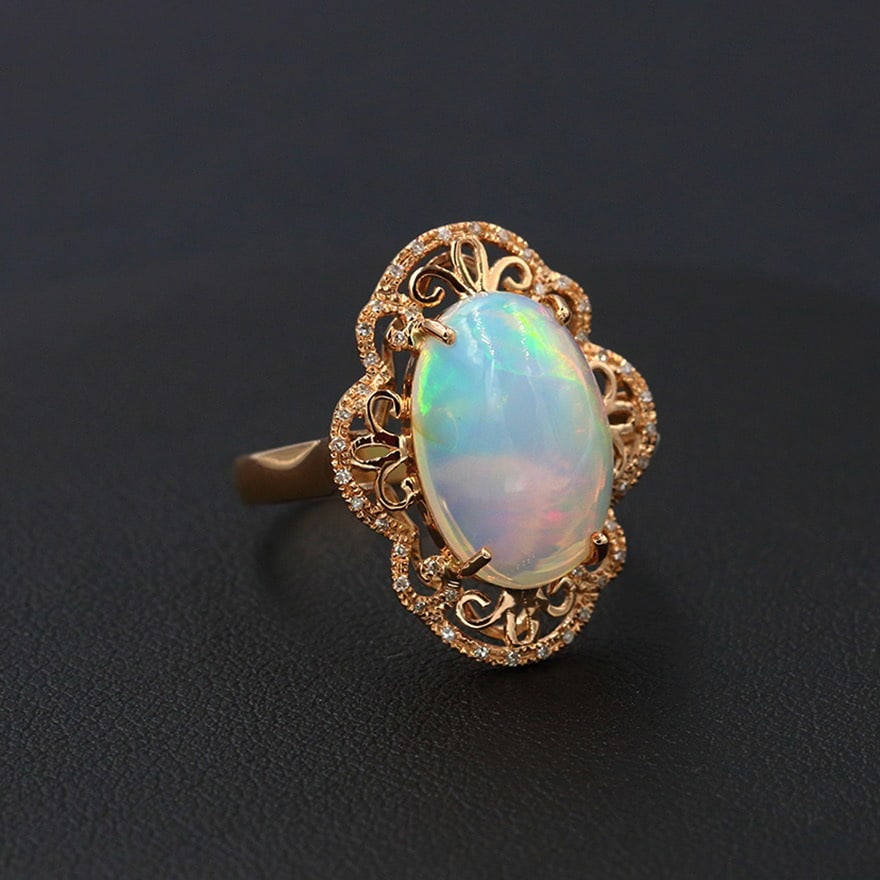 14k Gold 4.28 Ctw Natural Opal & Diamond Ring - 3