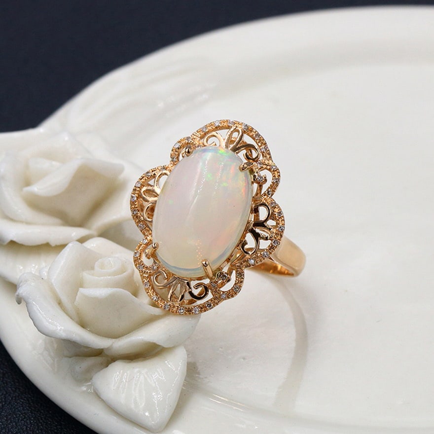 14k Gold 4.28 Ctw Natural Opal & Diamond Ring - 5