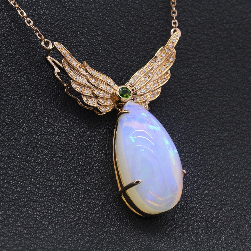 14k Gold 13.08 Ctw Natural Opal & Diamond Necklace - 3