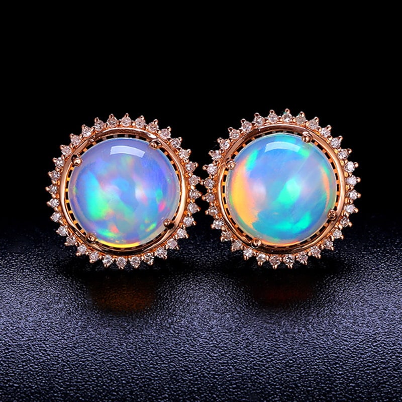14k Gold 5.06 Ctw Natural Opal & Diamond Earrings: Ref:231032030 // gold content:14k gold // main gemstone:opal // shape:round // carat weight:4. 74ct // color:color // treatment:natural // cut grade:g // // adjacent gemstone 2 : diamond // shape:roun
