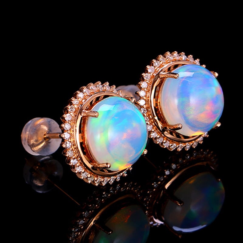 14k Gold 5.06 Ctw Natural Opal & Diamond Earrings - 2