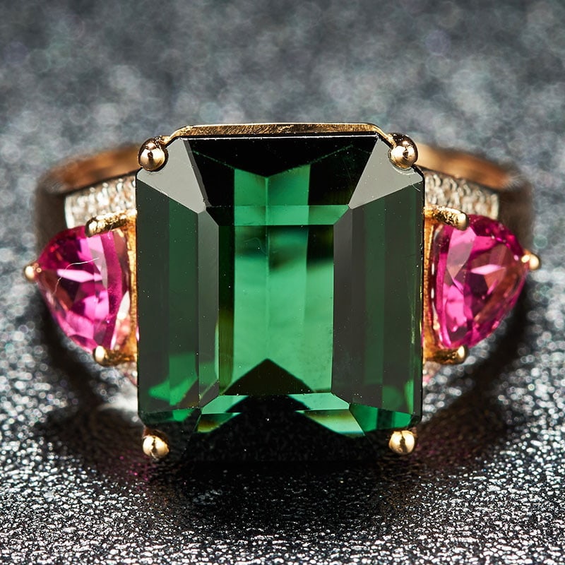 14k Gold 8.3 Ct Natural Tourmaline & Diamond & Tourmaline Ring: Ref:231032040 // gold content:14k gold // ring size:7. 25us // // main gemstone:tourmaline // shape:octagonal // carat weight:8. 3ct // color:green // treatment:natural // // adjacent gemstone 2 :