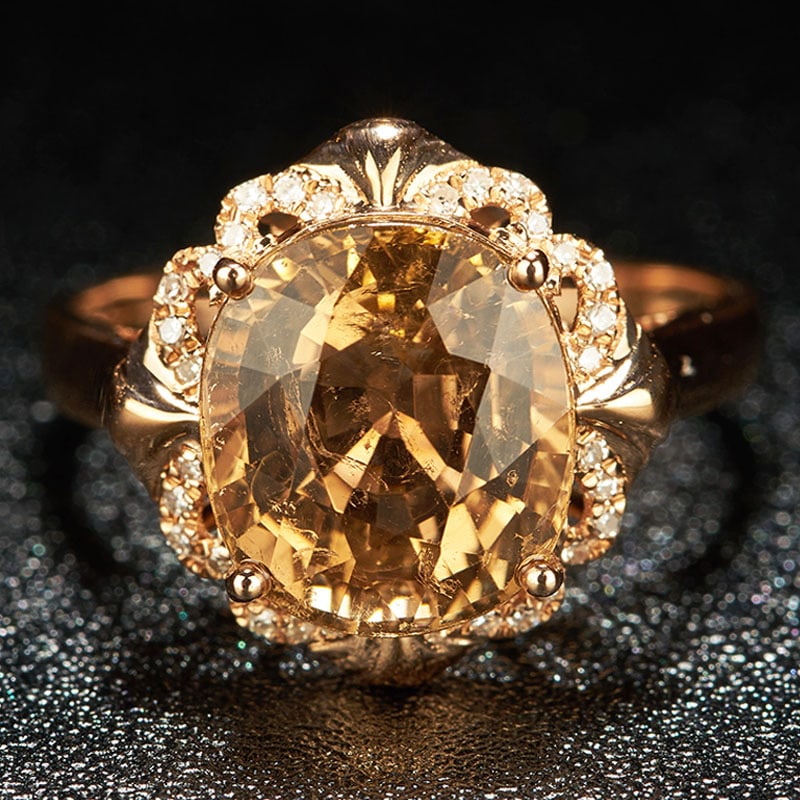 14k Gold 5.05 Ct Natural Tourmaline & Diamond Ring: Ref:231032045 // gold content:14k gold // ring size:7. 25us // // main gemstone:tourmaline // shape:oval // carat weight:5. 05ct // color:yellow // treatment:natural // // adjacent gemstone 2 :