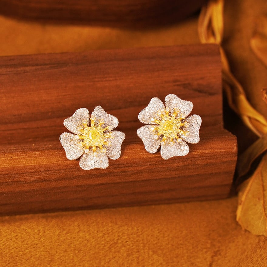 14k Gold 1.1 Ct Natural Color Diamond & Flowers Earrings - 2