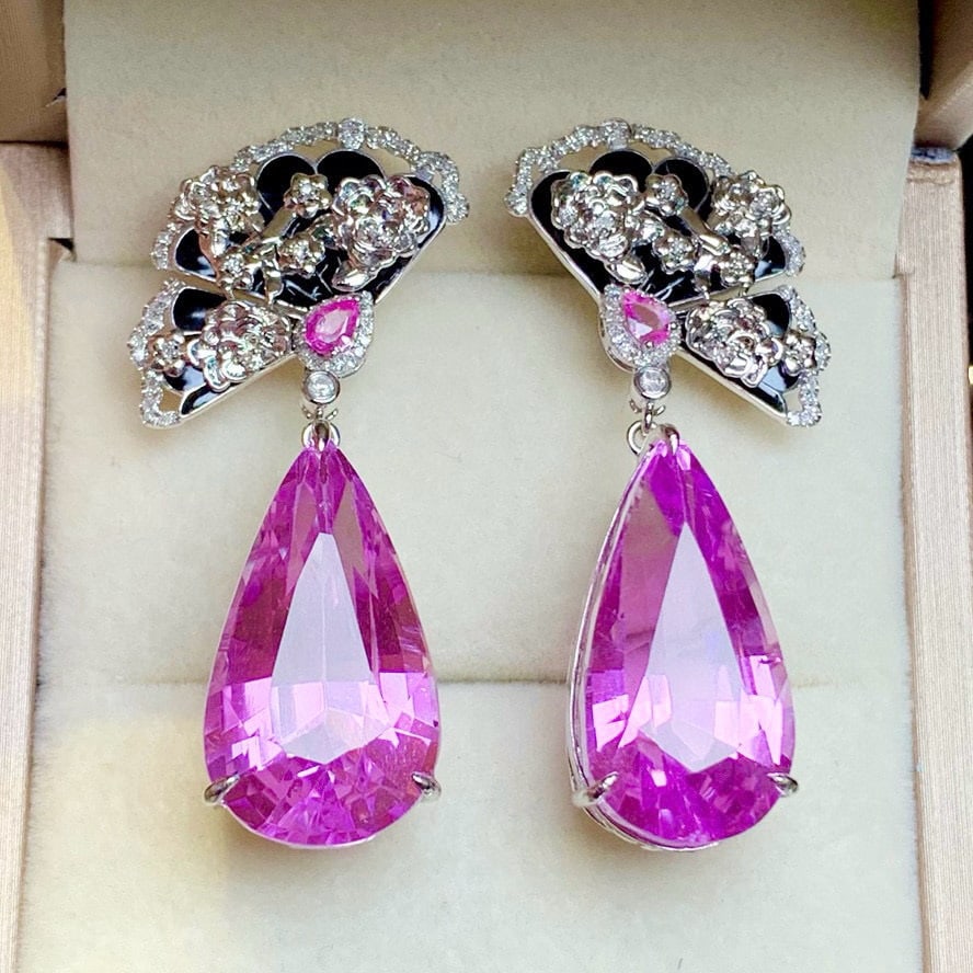14k Gold 45.3 Ct Natural Kunzite & Diamond Earrings - 2