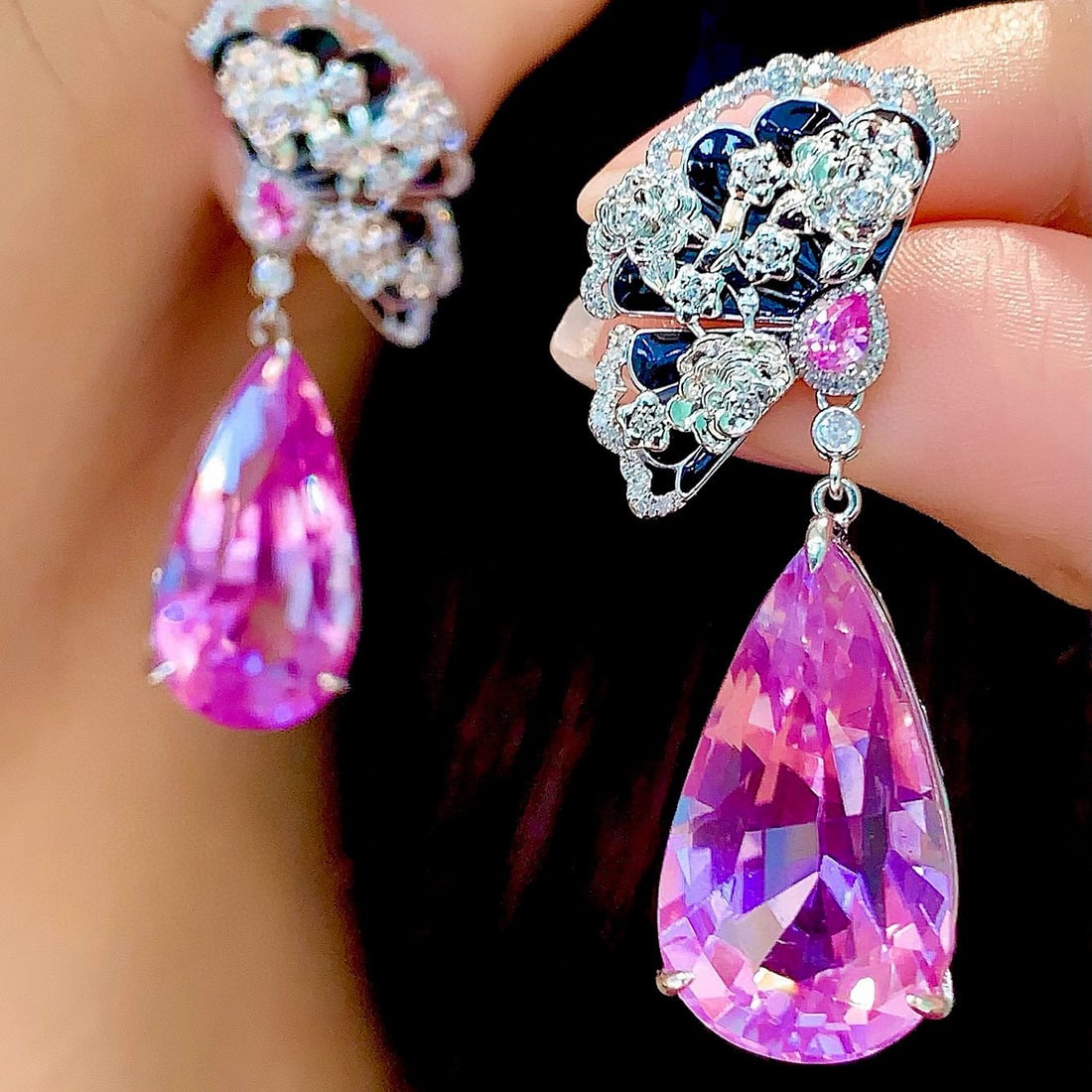 14k Gold 45.3 Ct Natural Kunzite & Diamond Earrings - 6