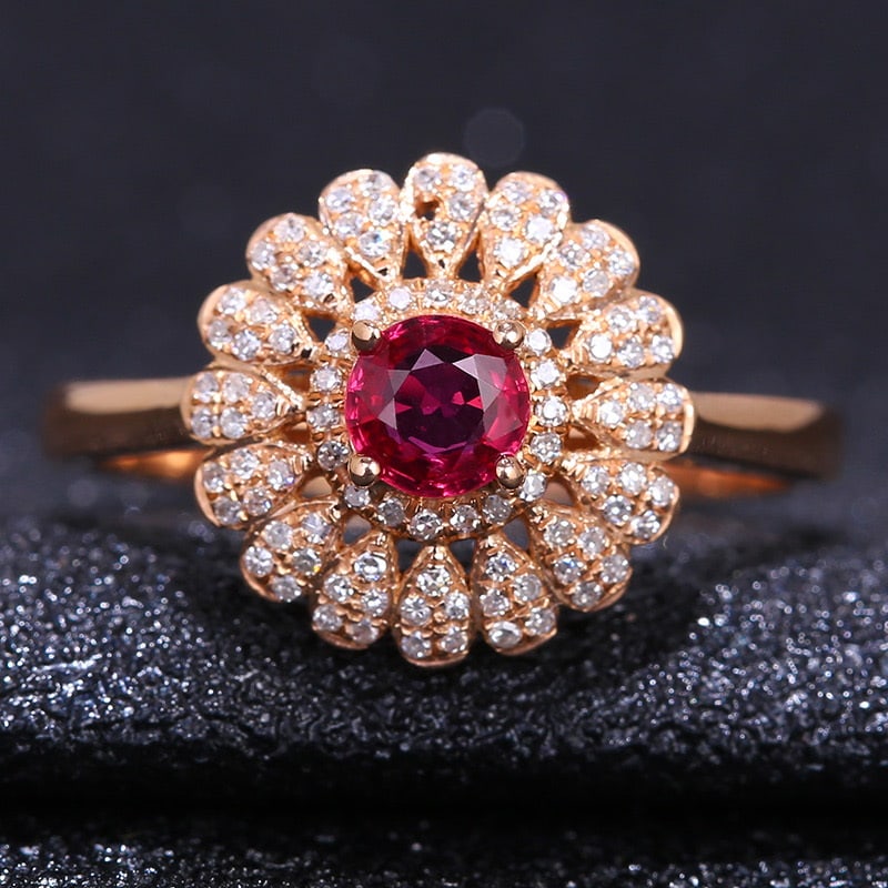 14k Gold 0.61 Ct Natural Ruby & Diamond Ring: Ref:231032064 // gold content:14k gold // ring size:7. 25us // // main gemstone:ruby // shape:round // carat weight:0. 61ct // color:red // treatment:natural // cut grade:g // // adjacent gemstone 2 :