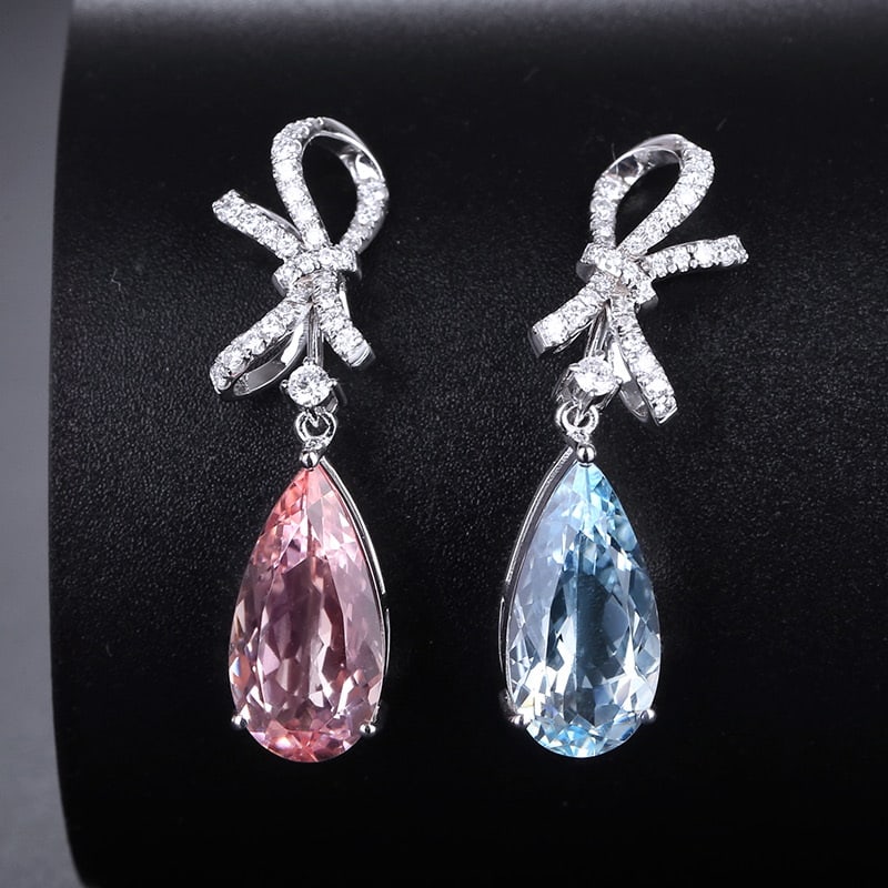 14k Gold 4.18 Ct Natural Morganite & Aquamarine & Diamond Earrings: Ref:231032068 // gold content:14k gold // main gemstone:morganite & aquamarine // shape:pear // carat weight:4. 18ct // color:pink & blue // treatment:natural // // adjacent gemstone 2 : diamond //