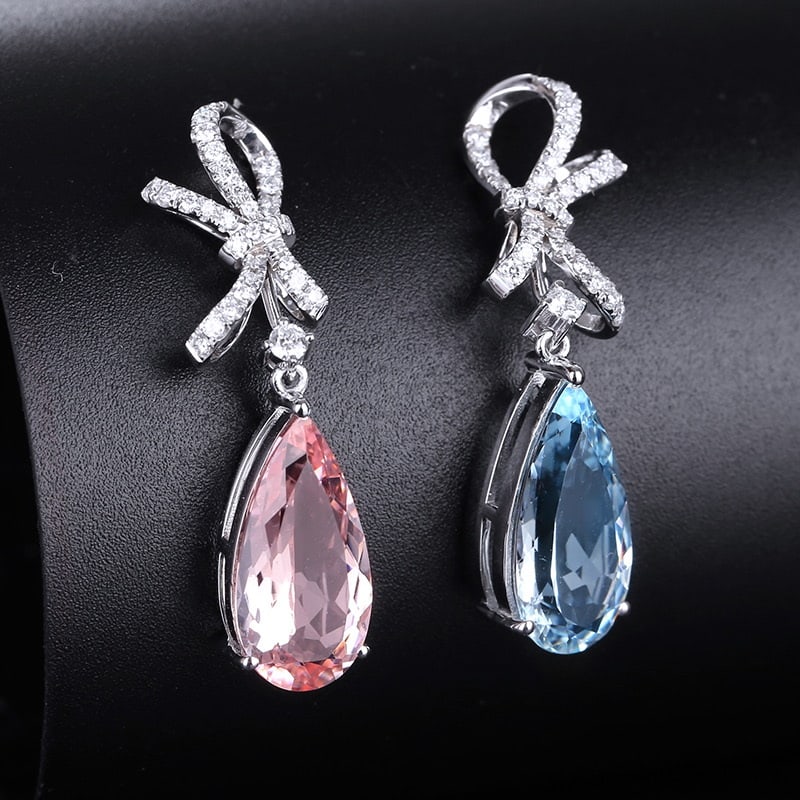 14k Gold 4.18 Ct Natural Morganite & Aquamarine & Diamond Earrings - 2