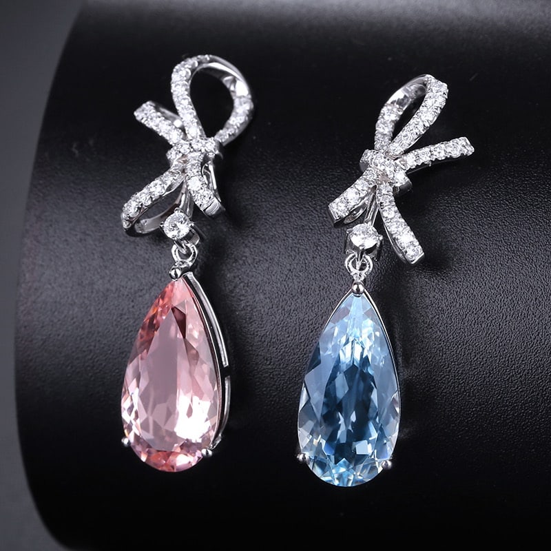 14k Gold 4.18 Ct Natural Morganite & Aquamarine & Diamond Earrings - 3
