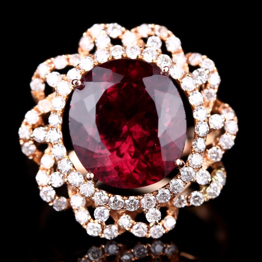 14k Gold 6.81 Ct Natural Tourmaline & Diamond Ring: Ref:231032076 // gold content:14k gold // ring size:7. 25us // // main gemstone:tourmaline // shape:oval // carat weight:6. 81ct // color:red // treatment:natural // // adjacent gemstone 2 : diamond