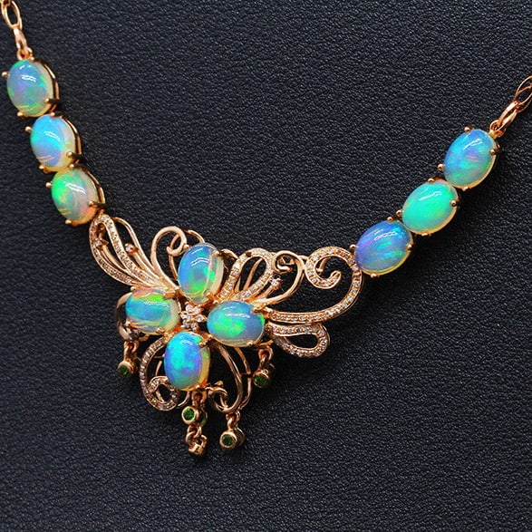 14k Gold 10.89 Ctw Natural Opal & Diamond Necklace - 2