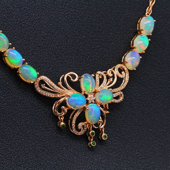 14k Gold 10.89 Ctw Natural Opal & Diamond Necklace - 3