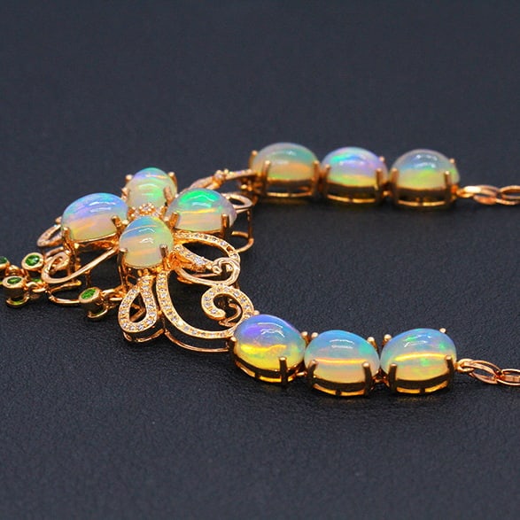 14k Gold 10.89 Ctw Natural Opal & Diamond Necklace - 5