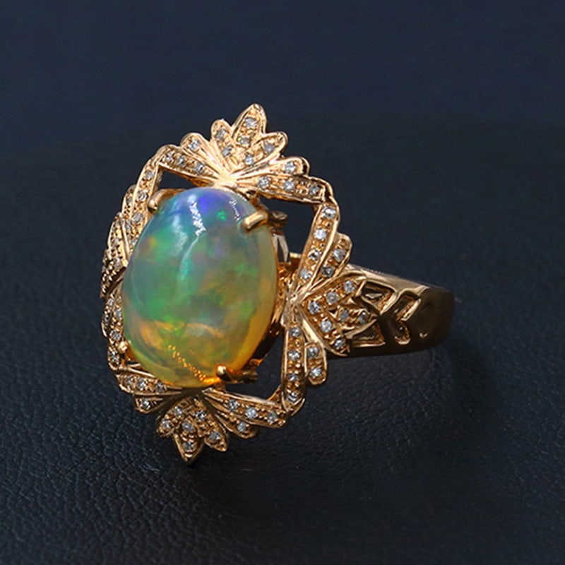 14k Gold 3.40 Ctw Natural Opal & Diamond Ring - 2