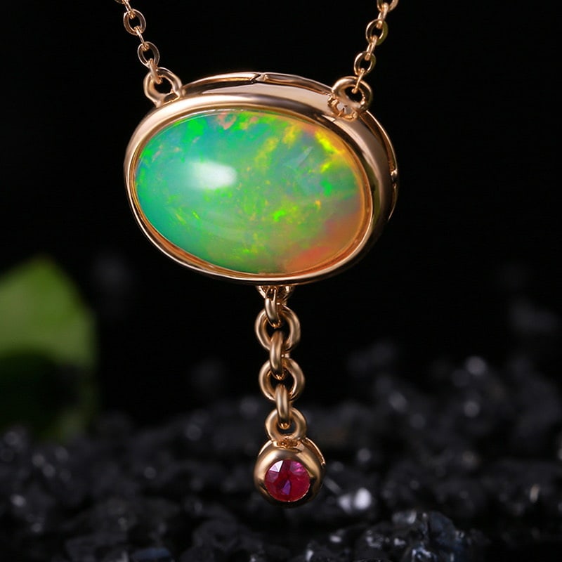 14k Gold 4.23 Ctw Natural Opal & Ruby Necklace - 2