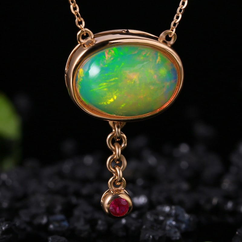 14k Gold 4.23 Ctw Natural Opal & Ruby Necklace - 3