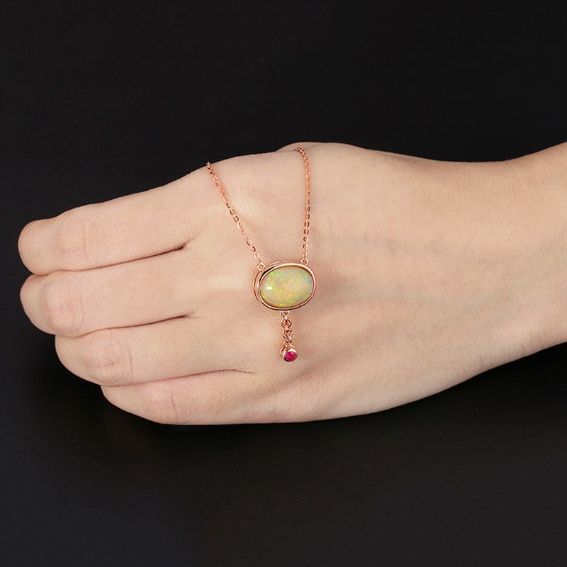 14k Gold 4.23 Ctw Natural Opal & Ruby Necklace - 4