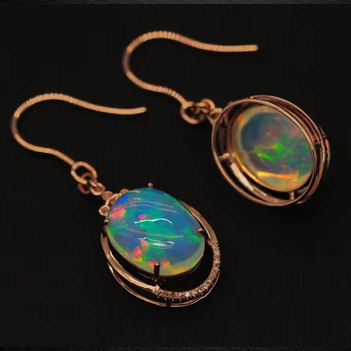 14k Gold 7.90 Ct Natural Opal & Diamond Earrings - 2