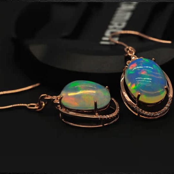 14k Gold 7.90 Ct Natural Opal & Diamond Earrings - 3