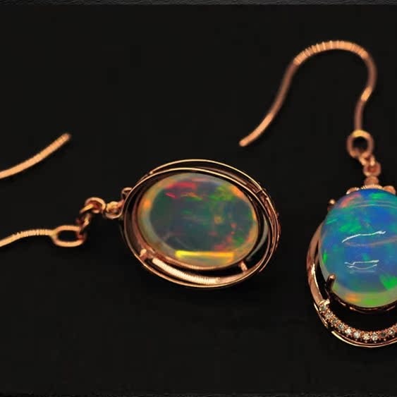 14k Gold 7.90 Ct Natural Opal & Diamond Earrings - 4