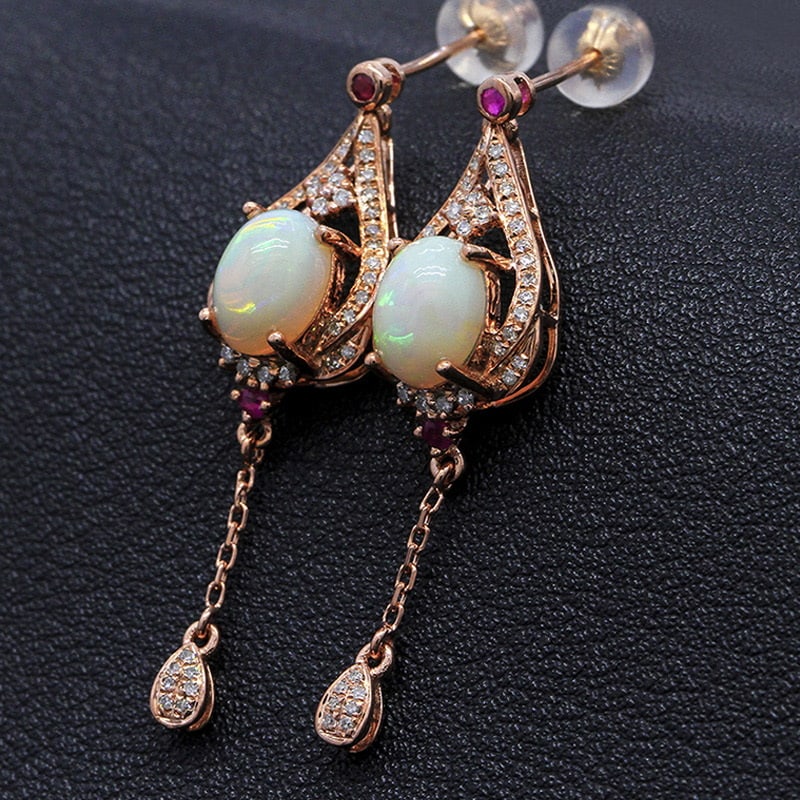 14k Gold 2.04 Ctw Natural Opal & Diamond Earrings - 2