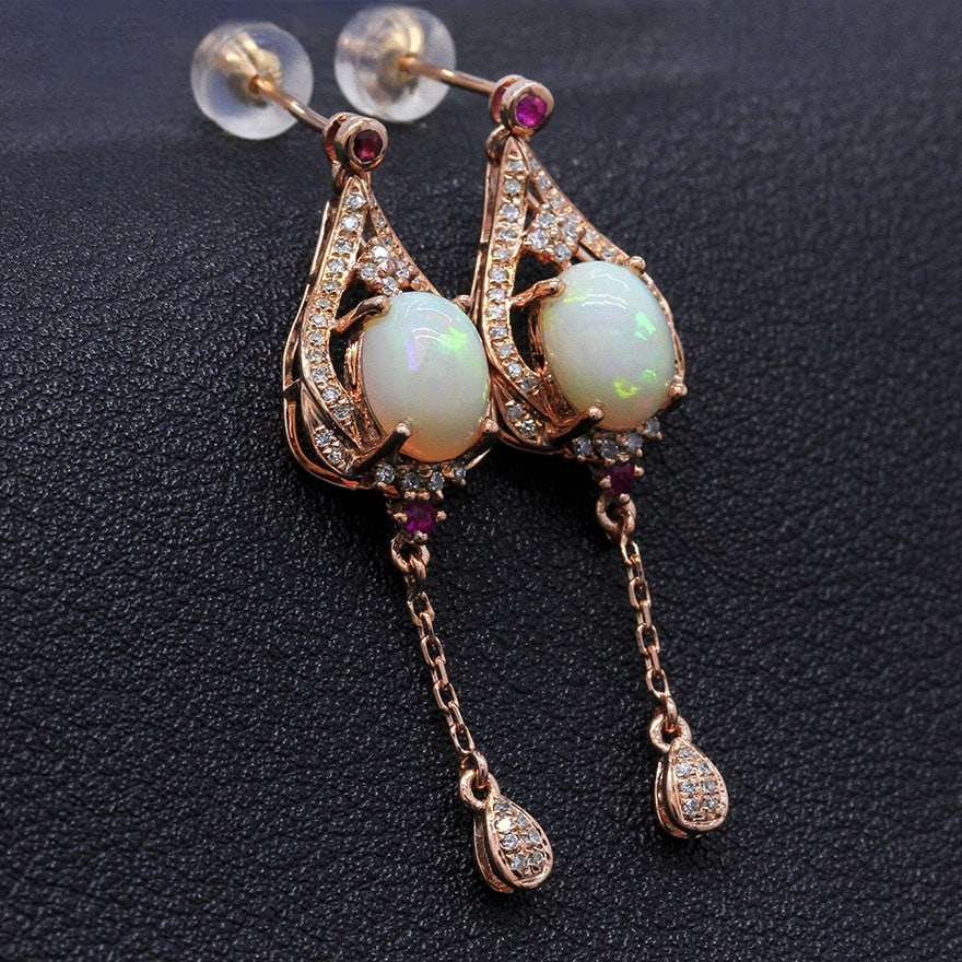 14k Gold 2.04 Ctw Natural Opal & Diamond Earrings - 3