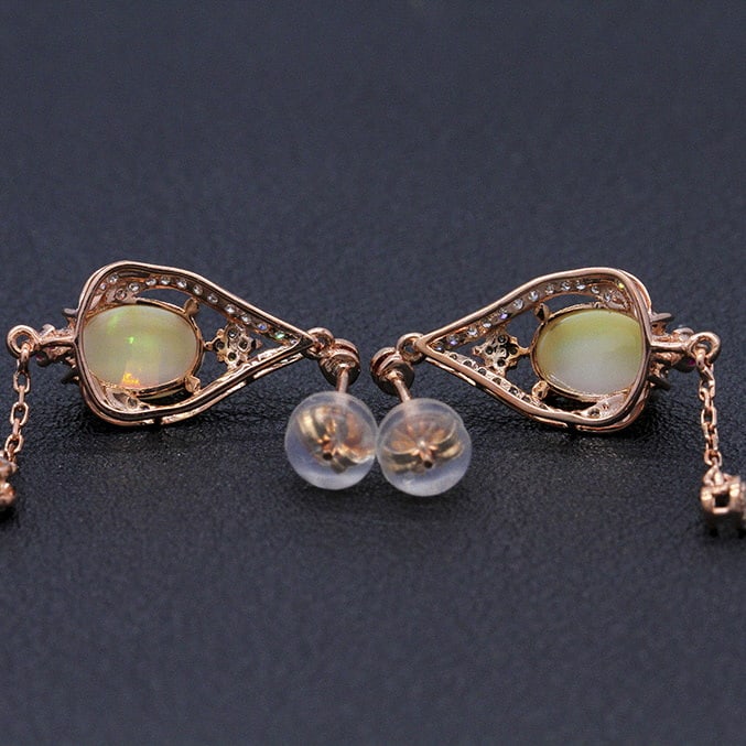 14k Gold 2.04 Ctw Natural Opal & Diamond Earrings - 4