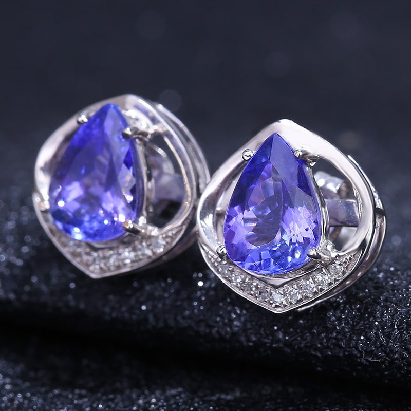 14k Gold 2.96 Ct Natural Tanzanite & Diamond Earrings - 2