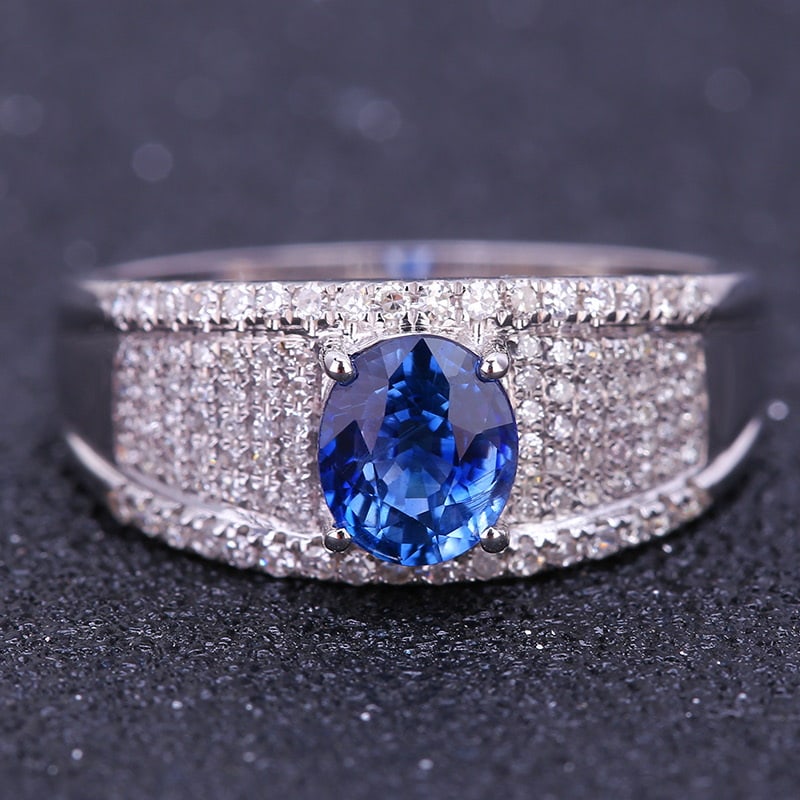 14k Gold 1 Ct Natural Sapphire & Diamond Ring: Ref:231032118 // gold content:14k gold // ring size:7. 25us // // main gemstone:sapphire // shape:oval // carat weight:1ct // color:blue // treatment:natural // // adjacent gemstone 2 : diamond //
