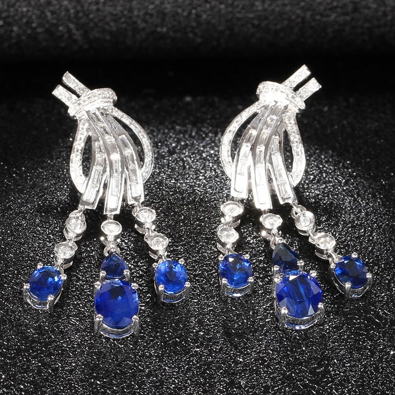 14k Gold 3.2 Ct Natural Sapphire & Diamond Earrings - 2