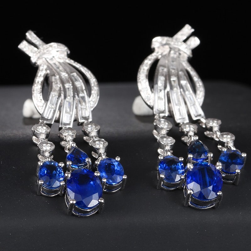 14k Gold 3.2 Ct Natural Sapphire & Diamond Earrings - 4