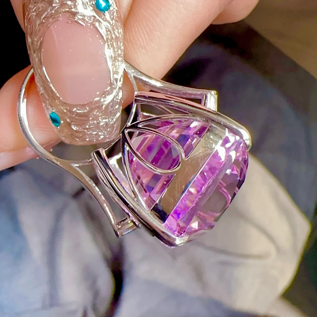 14k Gold 62.45 Ct Natural Kunzite & Diamond Ring - 2
