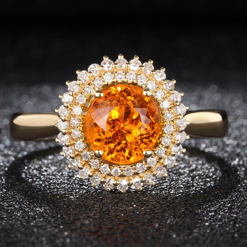 14k Gold 2.1 Ct Natural Spessartine & Diamond Ring: Ref:231032133 // gold content:14k gold // ring size:7. 25us // // main gemstone:spessartine // shape:oval // carat weight:2. 1ct // color:orange // treatment:natural // // adjacent gemstone 2 :