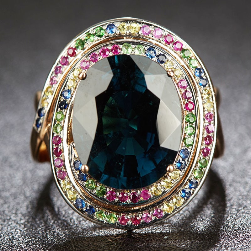 14k Gold 9.1 Ct Natural Tourmaline & Sapphire & Ruby & Tsavorite Ring: Ref:231032140 // gold content:14k gold // ring size:7. 25us // // main gemstone:tourmaline // shape:oval // carat weight:9. 1ct // color:blue // treatment:natural // // adjacent gemstone 2 : sapphire 