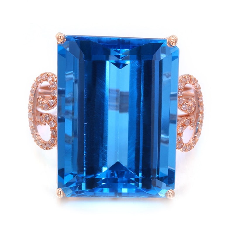 14k Gold 21.53 Ctw Natural Topaz & Diamond Ring: Ref:231032165 // gold content:14k gold // ring size:7. 25us // // main gemstone:topaz // shape:octagonal // carat weight:21. 39ct // color:blue // treatment:natural // // adjacent gemstone 2 :