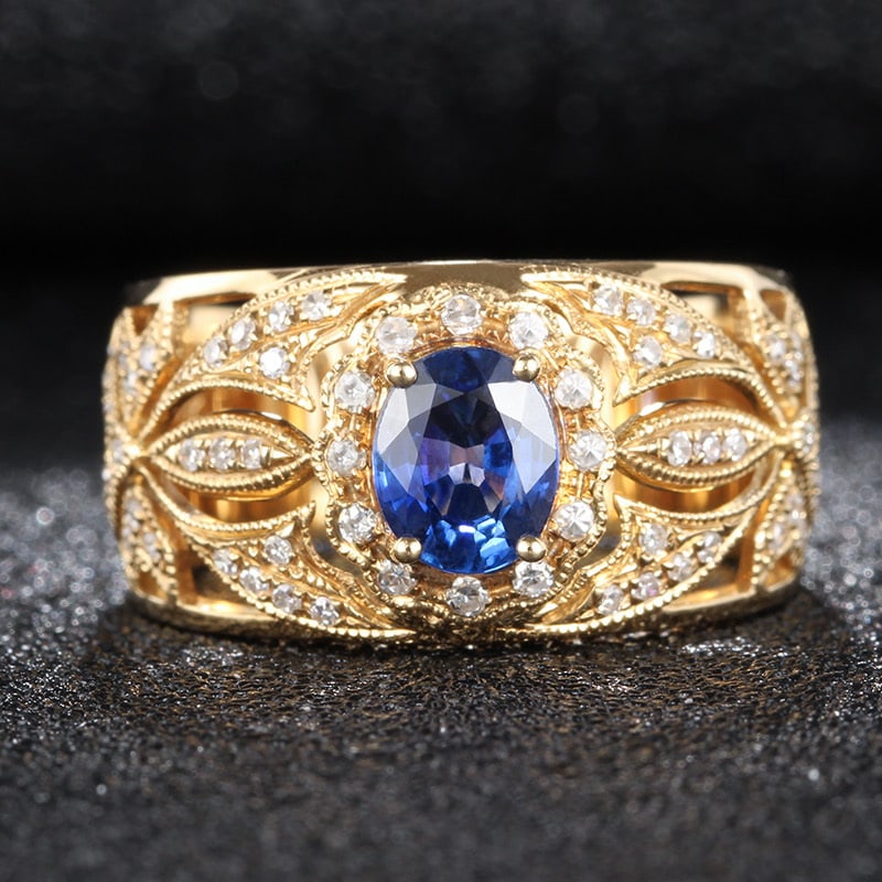 14k Gold 0.88 Ct Natural Sapphire & Diamond Ring: Ref:231032168 // gold content:14k gold // ring size:7. 25us // // main gemstone:sapphire // shape:oval // carat weight:0. 88ct // color:blue // treatment:natural // // adjacent gemstone 2 : diamond