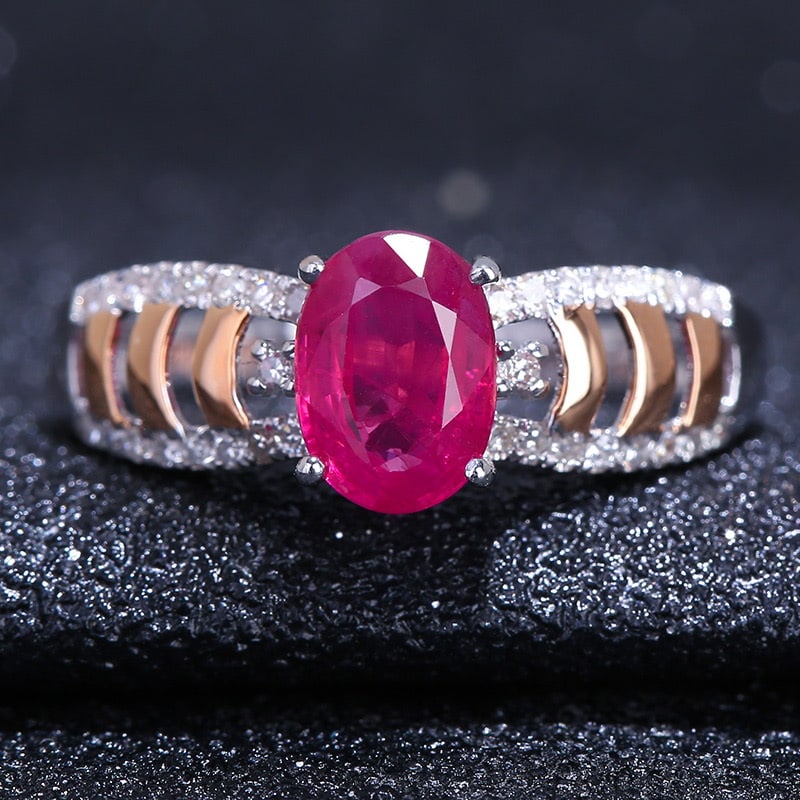 14k Gold 1.63 Ct Natural Ruby & Diamond Ring: Ref:231032171 // gold content:14k gold // ring size:7. 25us // // main gemstone:ruby // shape:oval // carat weight:1. 63ct // color:red // treatment:natural // // adjacent gemstone 2 : diamond //